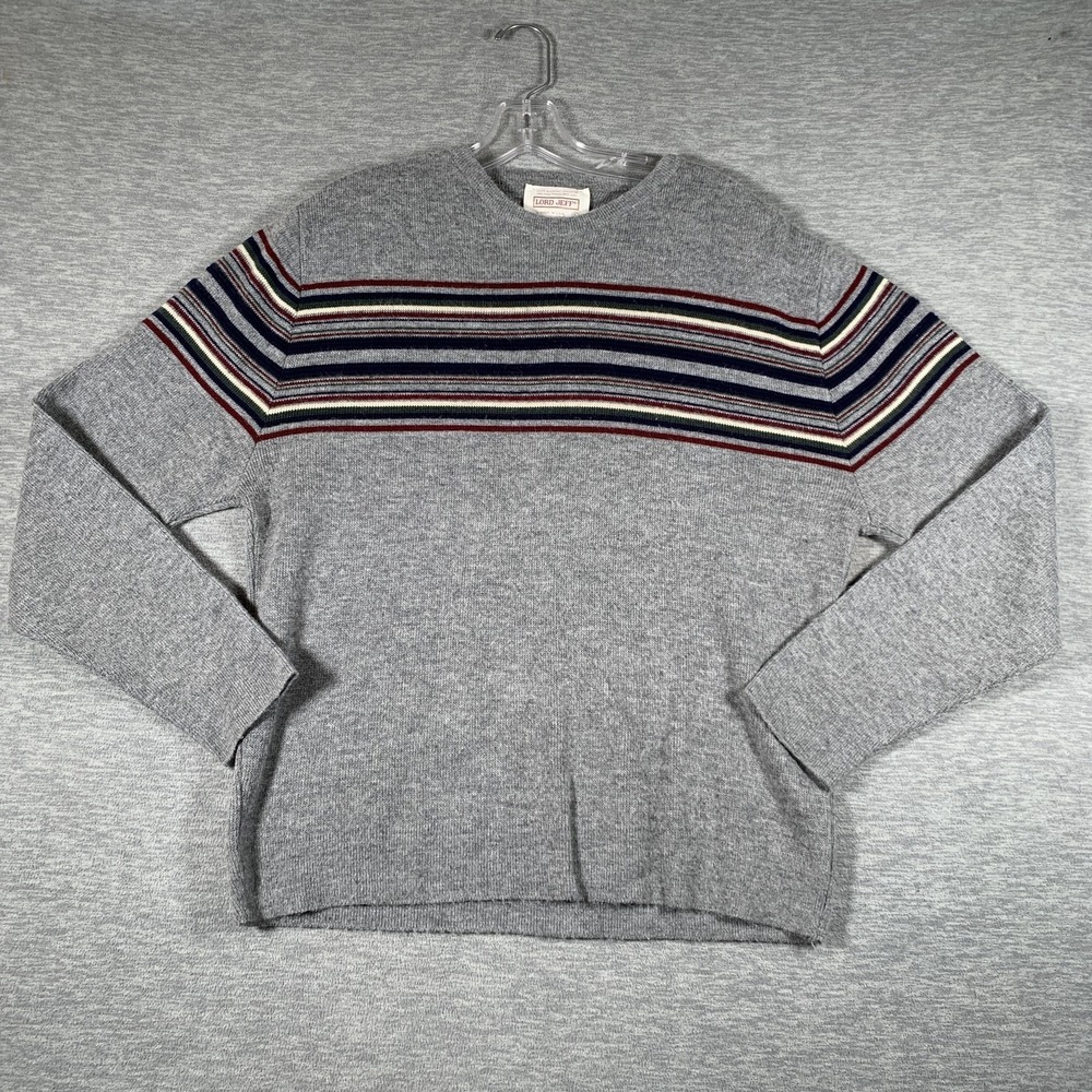 Vintage Lord Jeff Sweater Mens Large Gray Stripe Crewneck Orlon Knit Made USA